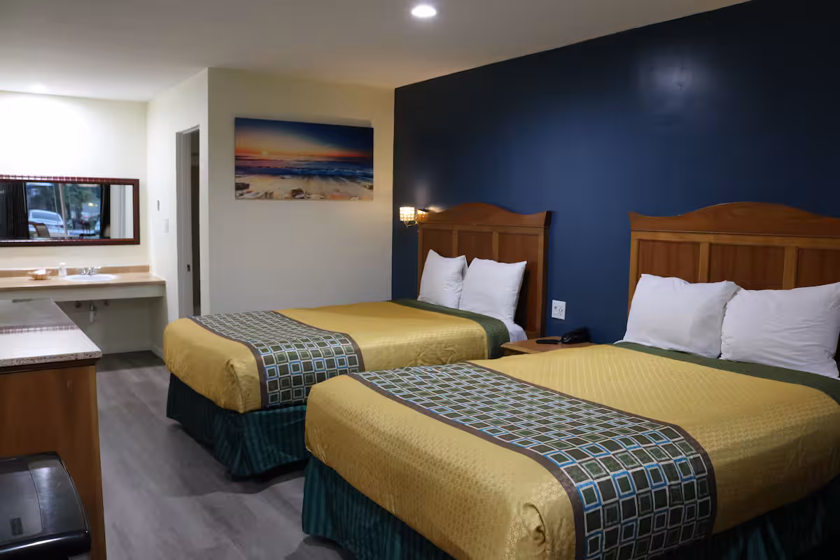 Premium Double Room with two double beds and navy accent wall